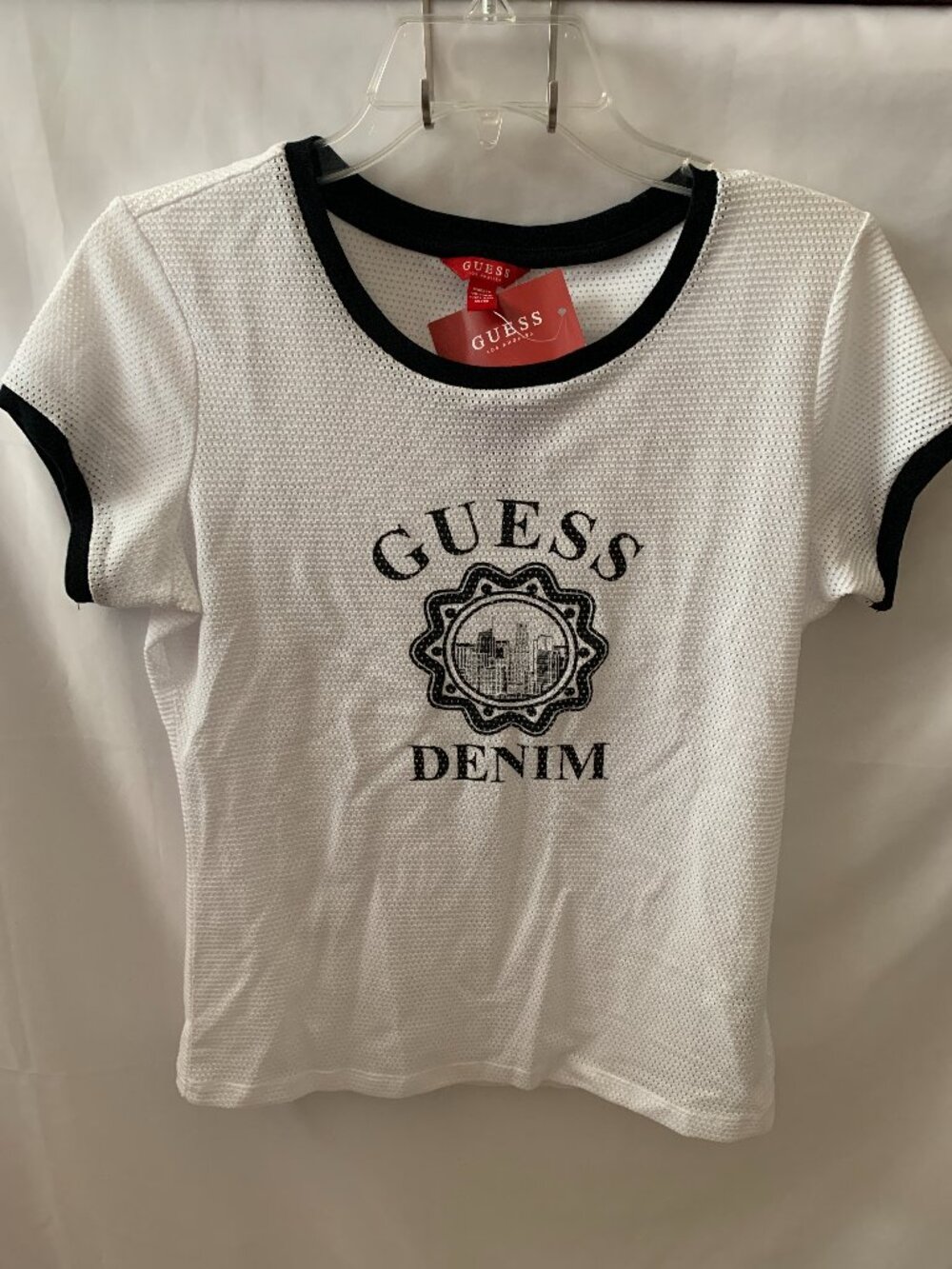 GUESS Abbee Mesh Jersey Short Sleeve Tee in Black/White Sz MEDIUM